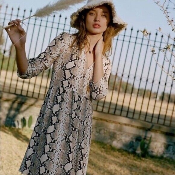 Anthropologie Maeve Juno Printed‎ Dress XS reptile snake neutral beige snakeskin - Picture 14 of 14